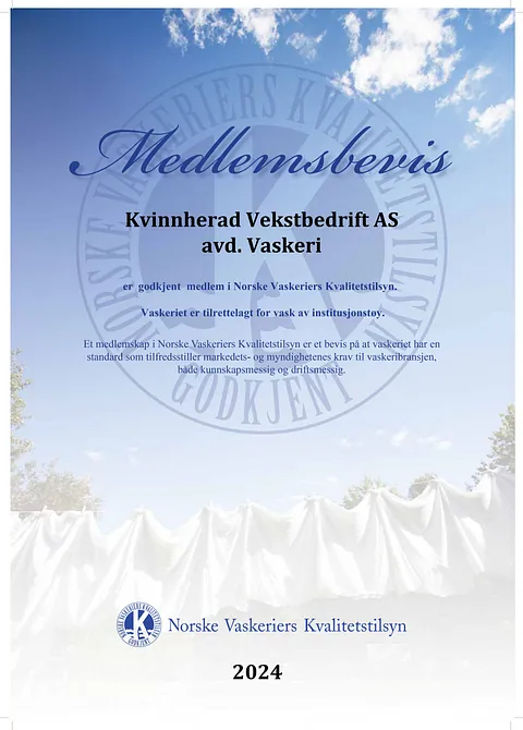 Kvinnherad Vekstbedrift er godkjent i NVK, Norske Vaskeriers Kvalitetstilsyn